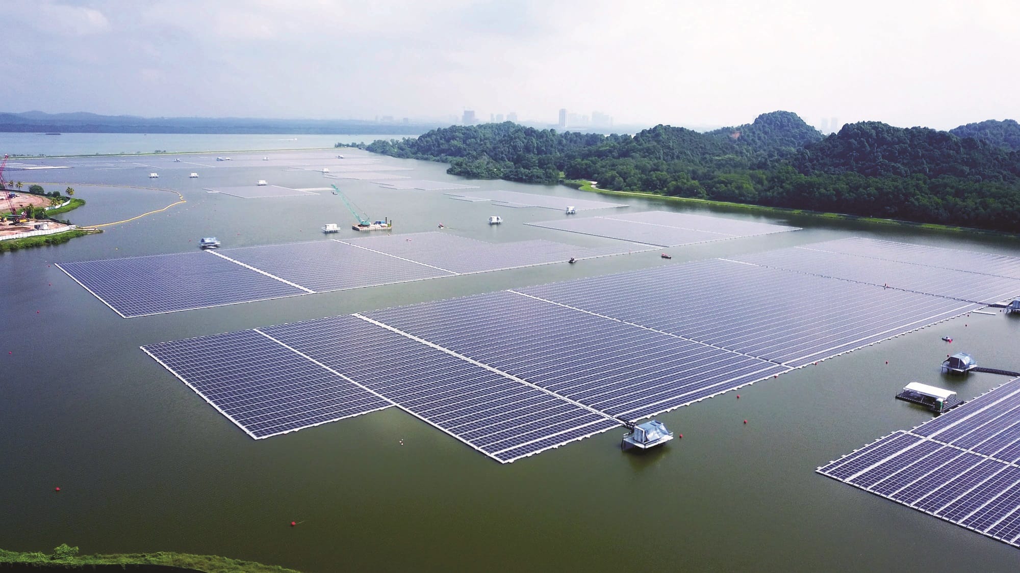 Aerial view of floating solar panels
